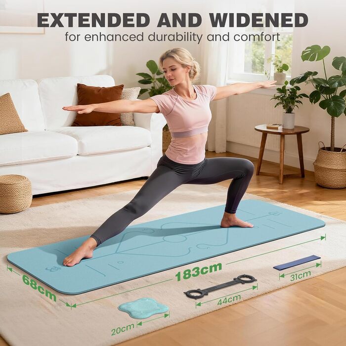 Йога мат Soontrans: протиковзаюча, 8 мм, TPE, з гумками та подушкою для колін, 183x68 см (Блакитний)