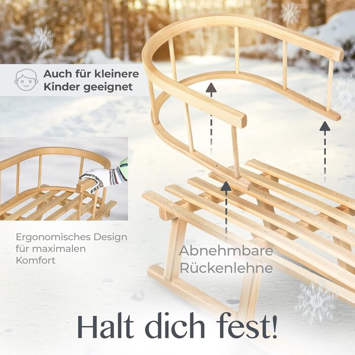 Дитячі санчата Kinderschlitten 90 см з підніжкою - дерев'яні санчата з масивного буку - санчата Davoser з мотузкою та ручкою, міцні, з легкими сталевими чіпками