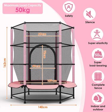 Трамплін для дітей LIFERUN Ø140см з сіткою безпеки, для ігор та тренувань, до 50 кг, рожевий