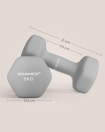 Гантелі SONGMICS 2 x 5 кг, неопрена, гексагональні, набір для фітнесу та силових тренувань вдома, сіро-блакитні