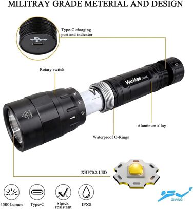 Ліхтар під водою Wurkkos DL10R: 4500 Lumen, XHP70.2 LED, USB-C, IPX8, для дайвінгу та підводного полювання