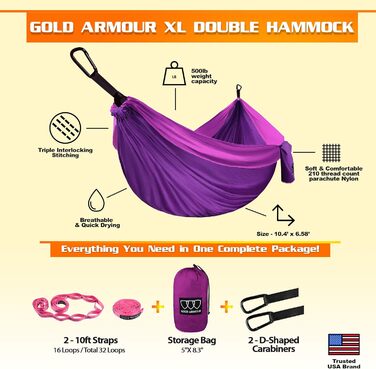 Гамак подвійний кемпінговий Gold Armour XL (фіолетово-фуксія) з ременями для кріплення. Для дому та відпочинку на природі.
