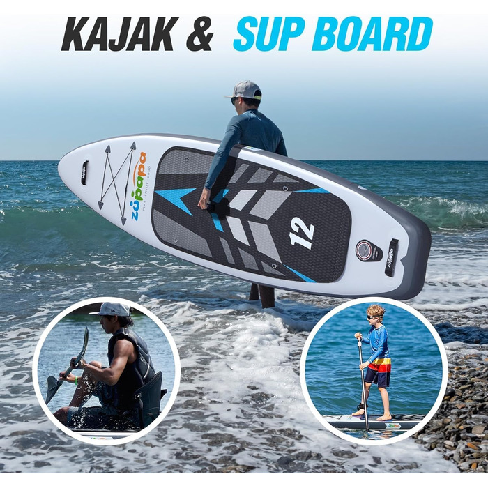 Надувний SUP Борд Zupapa 320/366см | Stand Up Paddle Board з сидінням для каяка | Комплект аксесуарів чорно-біло-сірий
