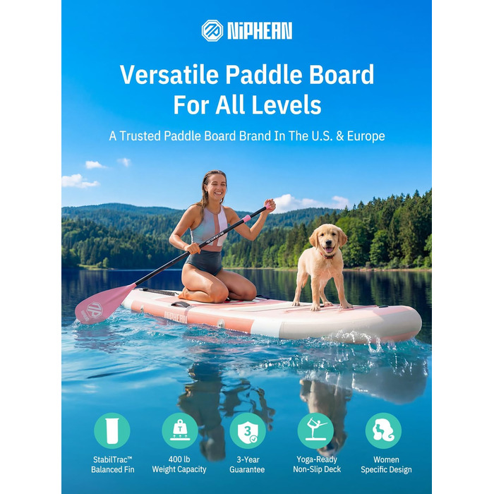 Надувний SUP дошка для сапсерфінгу Niphean 305 см з плавником StabilTrac, для дорослих, з аксесуарами, підходить для йоги