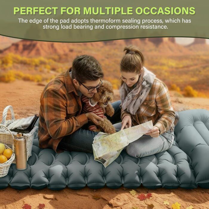 Надувний килимок для кемпінгу з інтегрованою помпою та подушкою, сірий. Компактний, для подорожей, хайкінгу та кемпінгу