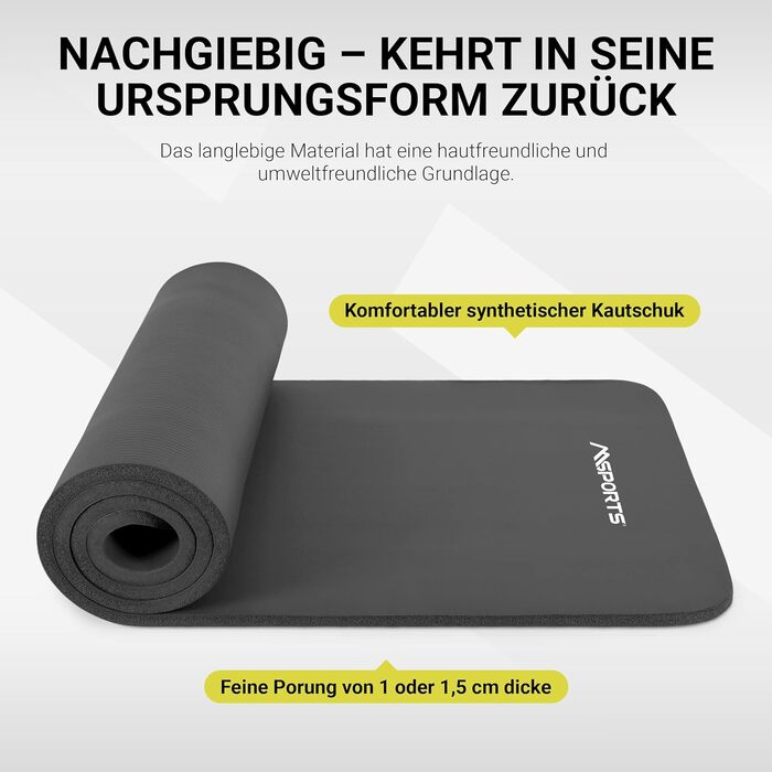 Гімнастичний килимок MSPORTS 183x61x1,5 см, антрацитовий, фітнес-йога, без фталатів, м'який, з ременями та постером