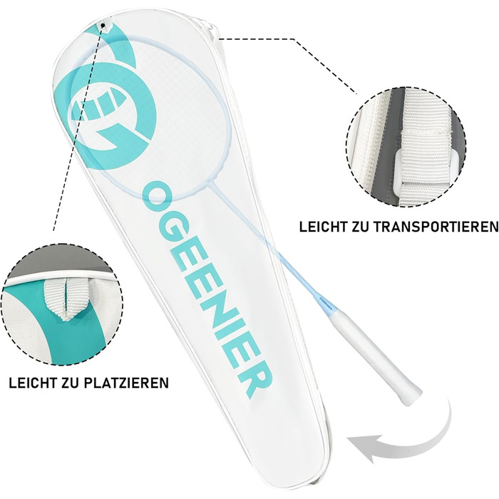 Ракетка для бадмінтону OGEENIER з графіту, легка, професійна, карбонова, з антиковзним грифом та сумкою (Блакитна)