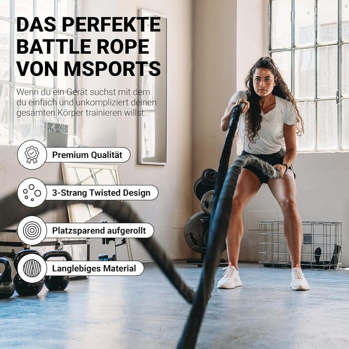 Тренажер Battle Rope MSports Professional Studio Qualität 15 м, 5 см | Серальній тренажер для фітнесу, штанговий тренажер, чорний/червоний