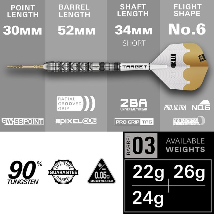 Дарти сталеві Target Darts Redux 90% Tungsten (26G, 23/24/25/26G) з оперенням Pro Ultra Nr. 6 та шафтами Pro Grip - комплект
