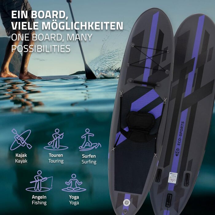 Надувний SUP Борд ECD Germany для каякінгу, 305-380 см, до 120/150 кг, 10/15 см товщина, комплект з каяком, сумкою та веслом (різні моделі) - Чорний