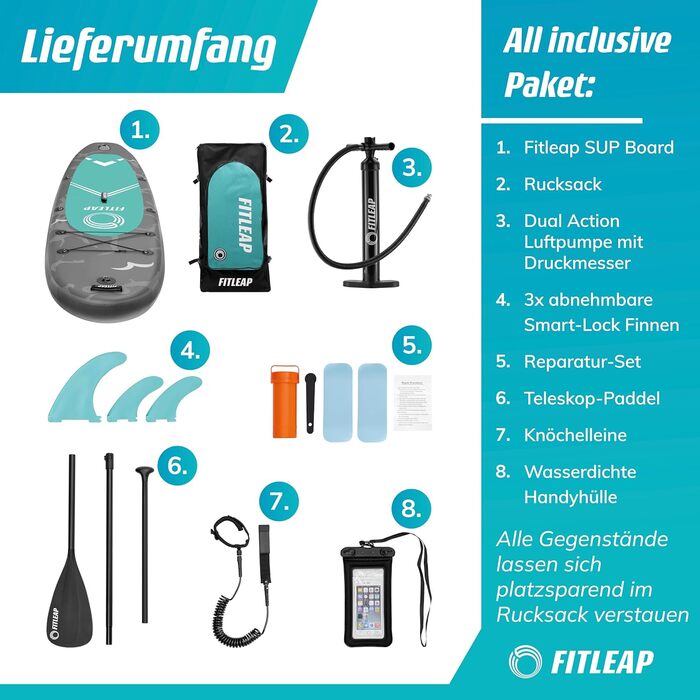 Надувний SUP-борд Fitleap Premium Stand Up Paddle Board - комплект з насосом, веслом та рюкзаком. Ідеально для початківців та професіоналів, для йоги, серфінгу та водного спорту (сірий, 2 особи)