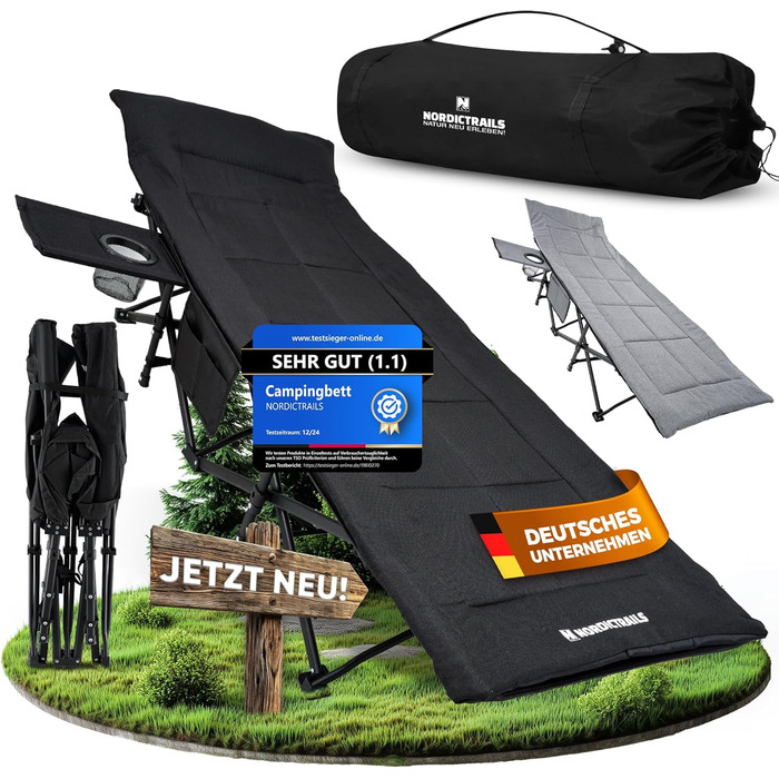 NORDICTRAILS Кемпінгове ліжко NORDICTRAILS - розкладне, XXL, зручне | Розкладне, легке та широке для відпочинку на природі | Гостьове ліжко, лежак, розкладне ліжко, рибальське ліжко, кемпінгове ліжко для коропа з суперм'яким матрацом (з матрацом, чорне)