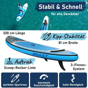 Надувний SUP-борд BRAST Tropic | Комплект для станд-ап паддлбордингу | 320x81x15 см | 6 дизайнів | 5 років гарантії | з аксесуарами | 2-в-1: SUP та каяк | тримач для Action Cam, ланцюг для ніг, насос, рюкзак (для пляжу)