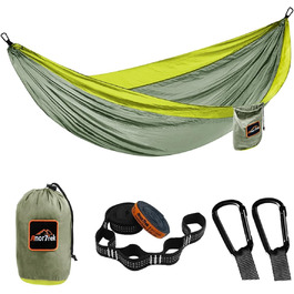 Гамак Anortrek Outdoor для відпочинку на природі, 280x140 см, місткість до 249 кг, ультралегкий, з ременями для дерев, дихаючий нейлон, для кемпінгу, подорожей, туризму, саду, армійний зелений/жовтий