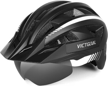 Велосипедний шолом VICTGOAL MTB з магнітним візором, знімним сонцезахистом і LED підсвіткою, для дорослих, чорний-білий, розмір M (54-58 см)