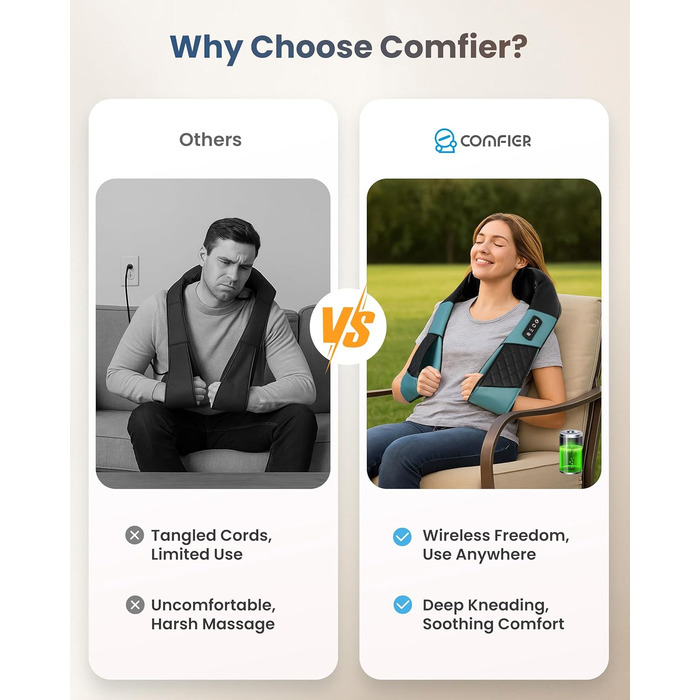 Масажер для шиї COMFIER бездротовий Shiatsu з підігрівом, 3D глибокий масаж, для шиї, спини, попереку, подарунок для жінок та чоловіків, блакитно-чорний