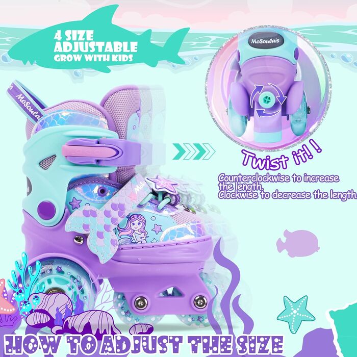 Дитячі ролики Meerjungfrau для дівчаток, 4 розміри, регульовані, з підсвічуванням, 3 колеса, фіолетовий