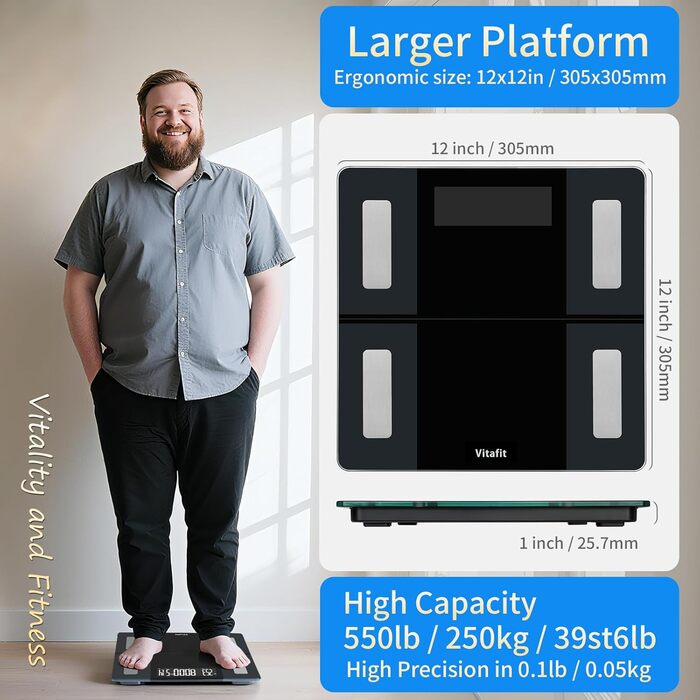 Ваги Vitafit для тіла з Bluetooth, аналіз складу тіла (жир, BMI, м'язи), максимальне навантаження 250 кг, точність, чорний