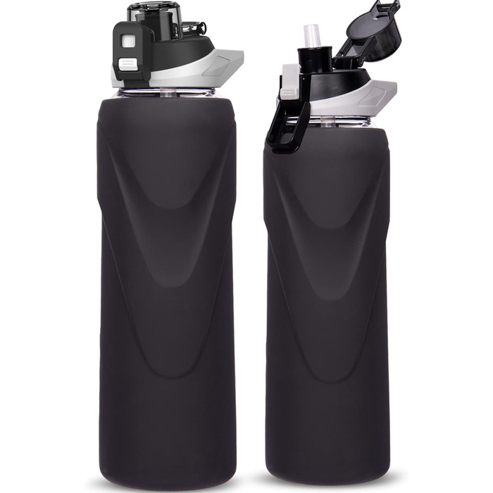 Спортивна скляна пляшка для води DEARRAY 1 л з трубочкою, герметична, BPA Free, силіконова оболонка, для смузі, фруктів і газованої води, чорна