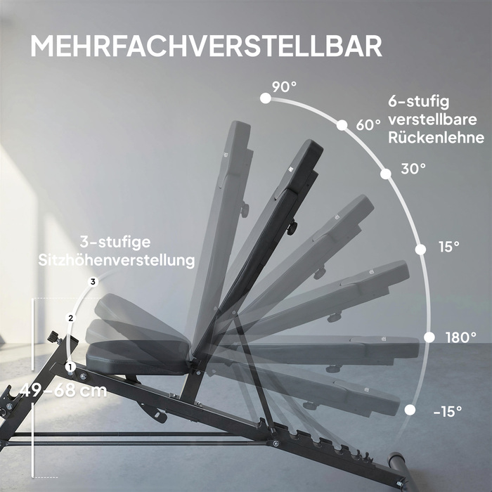 Регульована лава для жиму з багатофункціональністю, з нахиленою та плоскою поверхнею, спинка з 6 рівнями нахилу та сидіння з 3 рівнями регулювання, чорного кольору.