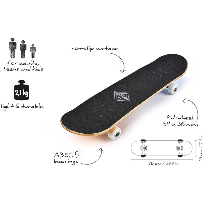 Дитячий дерев'яний скейтборд Meteor SCULL Mini Cruiser для хлопчиків і дівчаток, ретро-стиль, високоякісна дека, роликове дошка