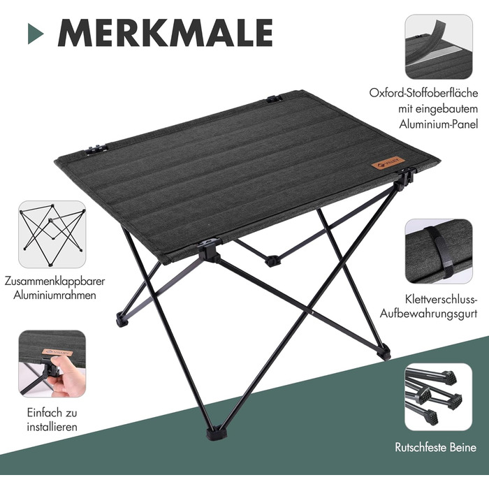 Стіл для кемпінгу VILLEY складний, розкладний, з алюмінію та Оксфордської тканини. Максимальне навантаження 25 кг, з сумкою. Легка установка, ідеально для кемпінгу, відпочинку на природі, риболовлі та вуличної кухні. Чорний.