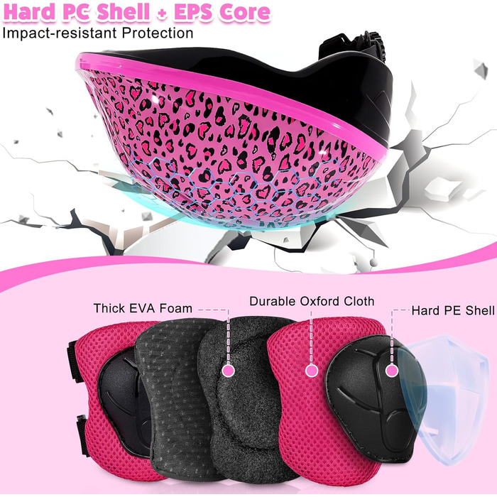 Дитячий шолом та набір захисту: шолом з LED, наколінники та налокітники для велосипеда та скейтборда (рожевий, 3-8 років)