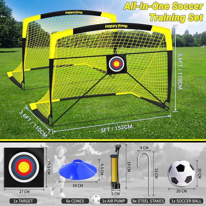 Ворота для футболу Happy Jump Pop-Up – складані для дітей та дорослих | 1 або 2 ворота: 120x90 / 152x110 / 213x152 см | З м'ячем, насосом, конусами та мішенню | Для саду та подарунка