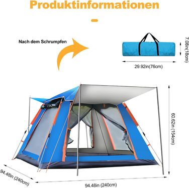 Намет туристичний Ergocar 3-4 особи, водонепроникний, легкий, Pop-Up, для кемпінгу та відпочинку на природі, зелений