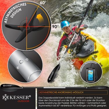 Весло KESSER® з подвійним лезом (4 частини) для каяка, SUP, станд-ап паділбордингу. Алюмінієве весло 228 см, ідеально для човна, веслування. В комплекті: страховий шнур, чохол для телефону, чорний човен.
