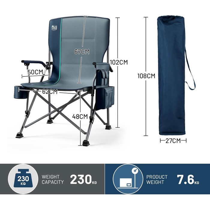 Складний туристичний стілець Timber Ridge XXL, 230 кг, широке сидіння 62 см, висока спинка, підсклянник, міцні підлокітники для кемпінгу, пікніка, саду та балкону (Блакитний, 1 шт)