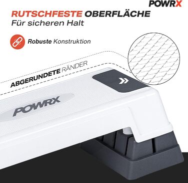 Степ-платформа POWRX для аеробіки та фітнесу, 3 рівні, біла, регульована висота, антиковзаюча | Степ-бенч для дому