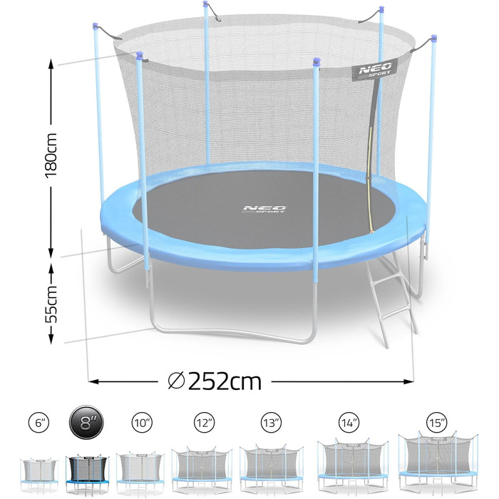 Батут Neo-Sport Outdoor для дітей з сіткою та сходами, 252 см