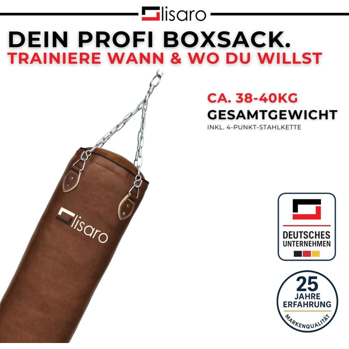 Боксерський мішок Lisaro Profi 150 см - для будь-якого спорту, 40 кг, з металевою ланцюгом, виготовлений з штучної шкіри (вініл), студійного рівня, коричневий