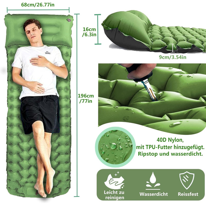TENQUAN Килимок для кемпінгу самонадувний, 9см, для сну, відпочинку, подорожей, з насосом, для авто, намету, трекінгу, пляжу (Pfauen/Grau) (Grün)