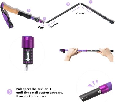 Телескопічні палиці для скандинавської ходьби та гірських походів BISINNA, карбонові, з корковими ручками, ультралегкі, фіолетові, 100-115 см