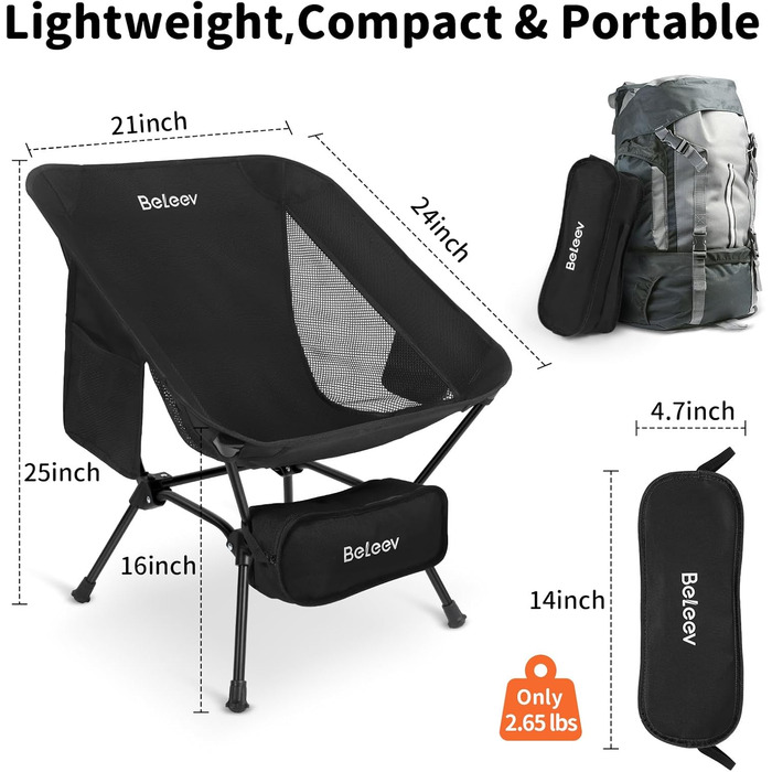 Зручний складаний стул для кемпінгу BeLeEv з 2 кишенями, легкий та компактний, для відпочинку на природі, риболовлі, фестивалів, трекінгу та пляжу