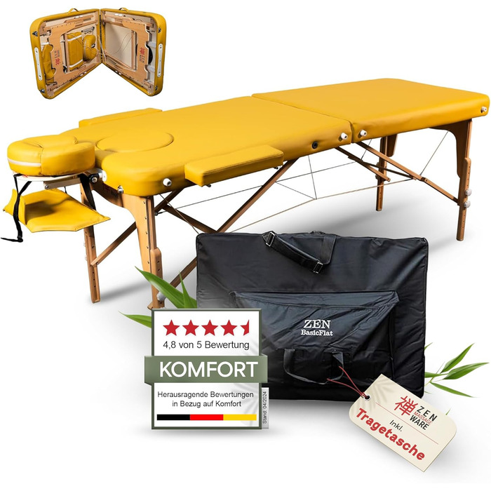 Масажний стіл Zen Basic III: складаний, мобільний, дерев'яний, з регулюванням висоти, для тату та косметології, з підголівником та підлокітниками (кремовий/жовтий)