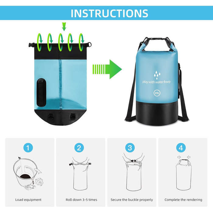 Водонепроникний сухий мішок GES 20 л Roll-Top з кишенею для телефону - для каякінгу, сплаву, кемпінгу та риболовлі (Світло-блакитний)