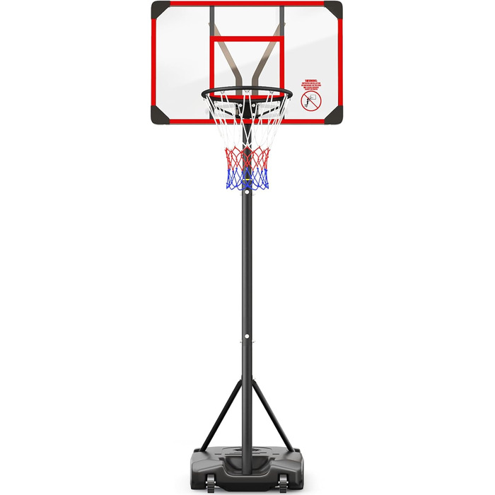 Баскетбольний кошик Outdoor з підставкою, регульована висота 147-260 см, ударостійка задня стінка 82x53 см, збільшений діаметр та колеса, для гри в приміщенні та на вулиці, червоний