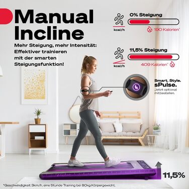 Біговий доріжки Sportstech sWalk для дому, Walking Pad, 1-8 км/год, під стіл, нахил 11,5%, тиха, з підпискою на додаток, вантажопідйомність 120 кг, компактна, LCD дисплей, для дому, колір сірий дуб