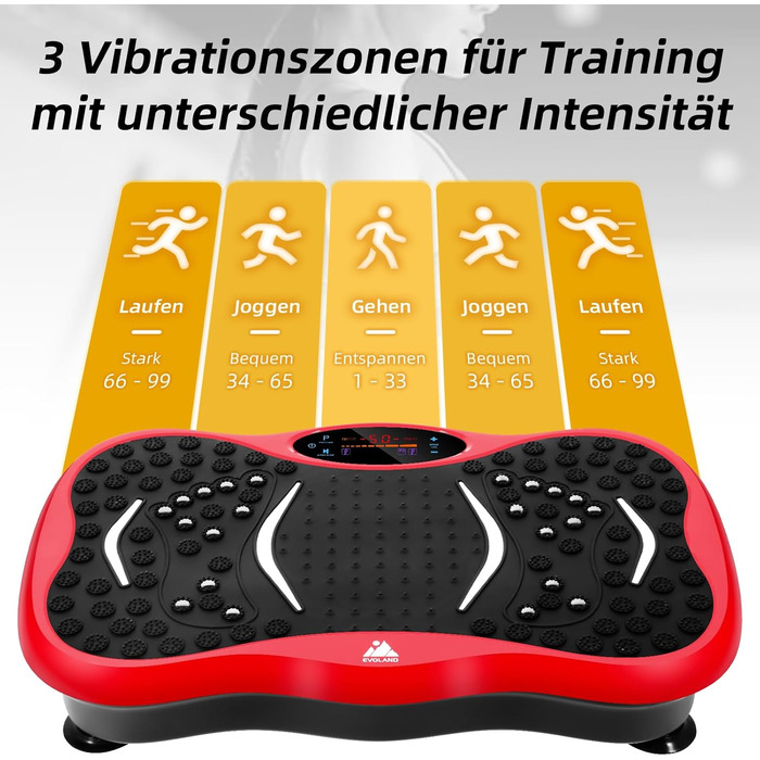 Вібраційна платформа EVOLAND з 5 програмами тренувань, Bluetooth, стрічки опору для всього тіла - червона