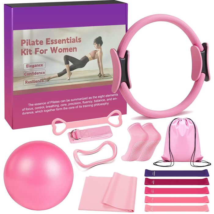 Набір для пілатесу Pilates Set 13 предметів: кільце, м'яч, гумки, шкарпетки, постер, сумка для тренувань. Пілатес вдома для жінок, рожевий колір