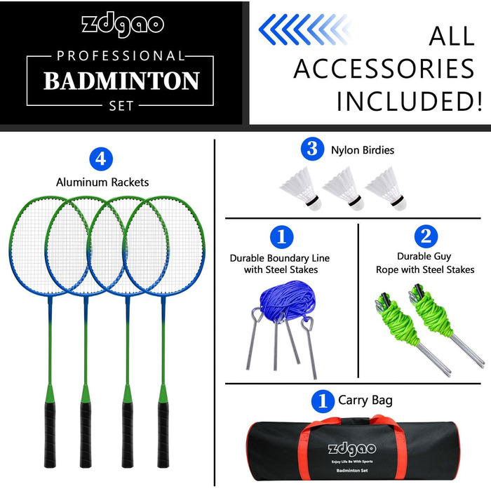 Набір для бадмінтону Zdgao для двору: портативна сітка з лебідкою, 4 алюмінієві ракетки, 3 волани, розмітка та сумка для перенесення (Синьо-Зелений)