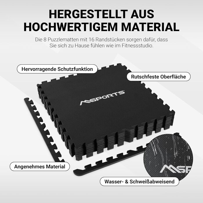 Набір килимків для захисту підлоги MSPORTS Premium — 8 пазл-матів для фітнесу, йоги та тренувань у домашньому залі, протиковзні (3,2 м², чорний)