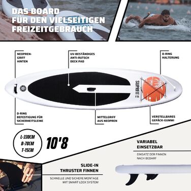 SUPRFIT SUP дошка надувна з веслом, комплект для Stand Up Paddling, до 140 кг, 330x78x15 см, біло-помаранчевий