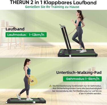 Електрична бігова доріжка THERUN Walking Pad, складана, зелена, ширина полотна 43 см, подвійна амортизація, сенсорний екран, 2.5 к.с., тиха робота, для дому та офісу
