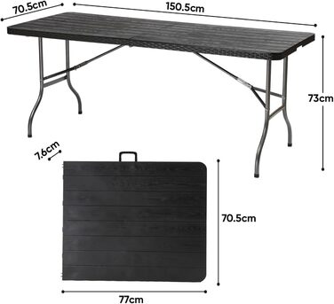 Складний стіл Sekey Buffettisch 152x70 см для кемпінгу, саду, тераси та балкона (чорний/під дерево) на 4 особи