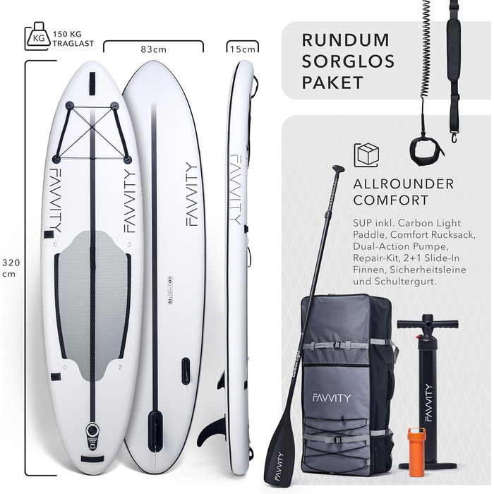 Надувна SUP-дошка FAVVITY Polarweiß, ультралегка, напівкарбон, до 150 кг, комплект для веслування стоячи, 7 років гарантії, універсальна для всіх
