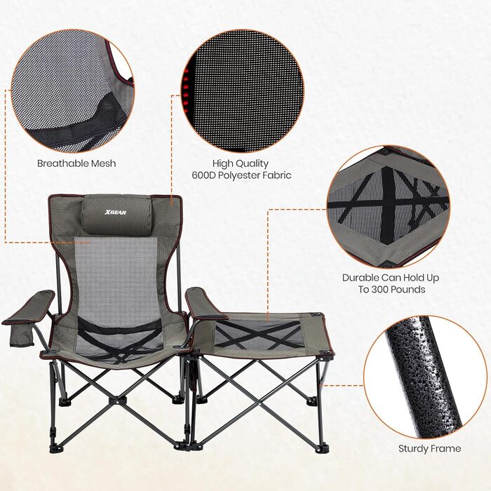 XGEAR 2-в-1 Кемпінговий стул: розкладний, для риболовлі, легкий, з підніжкою та підлокітником, 136 кг, Oxford-тканина
